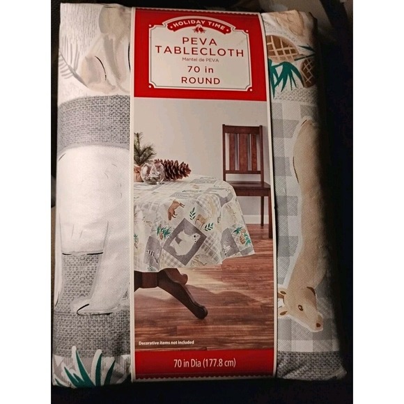 Round Tablecloth Christmas Reindeer Bear Foxes Winter PEVA 70" White Gray Nature - Picture 3 of 4